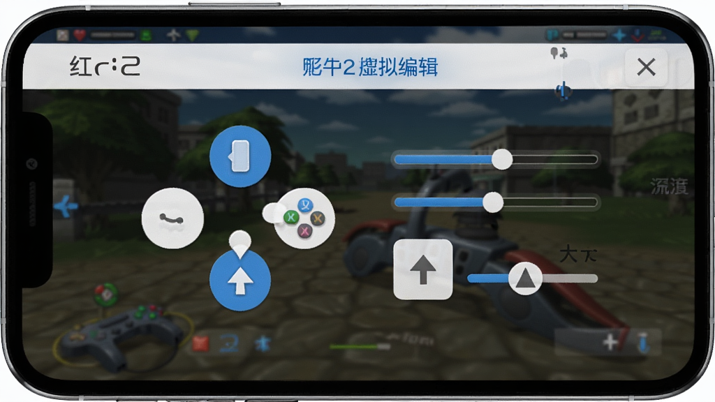 红白PS2模拟器虚拟按键设置界面,手机屏幕显示自定义按键布局编辑页面,按键可拖动调整位置,有透明度滑块和按键大小调节选项,背景为半透明游戏画面,界面元素为白色和蓝色,风格直观易用,画质干净无多余元素