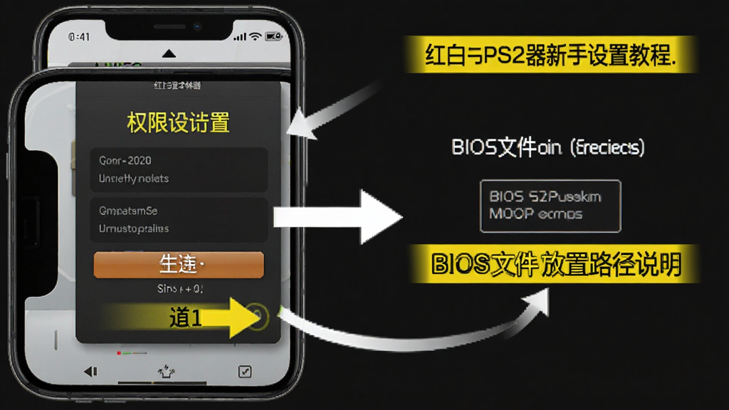 红白PS2模拟器新手设置教程示意图,手机屏幕显示权限设置页面和BIOS文件放置路径说明,有箭头标注操作步骤,背景为深色,文字为白色和黄色高亮,风格为信息图样式,画质干净无多余元素