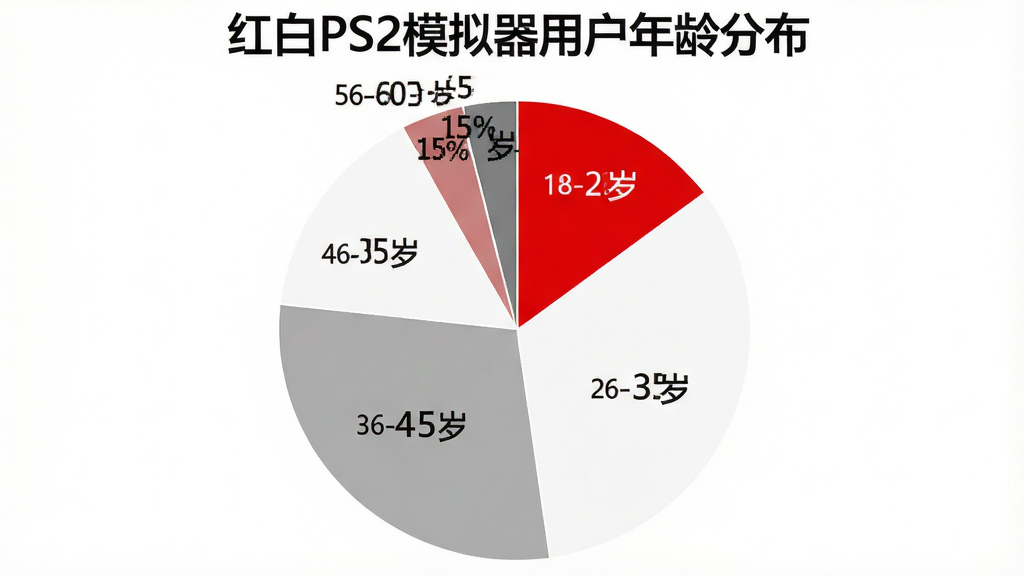 红白PS2模拟器用户年龄分布饼状图,图表标题为“红白PS2模拟器用户年龄分布”,饼图分为五个区块,18-25岁占15%,26-35岁占35%,36-45岁占30%,46-55岁占15%,56-60岁占5%,配色为红白机经典红白灰配色,背景为白色,图表清晰易读,画质干净无多余元素