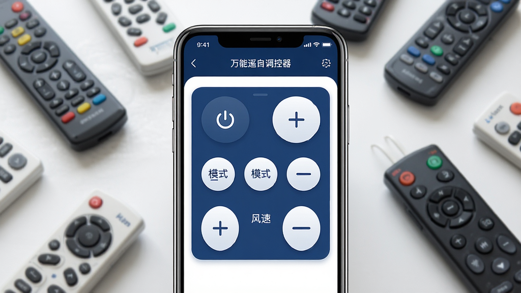 一张展示万能遥空调控器App主界面的手机样机图,画面中央是手机屏幕,屏幕内显示万能遥空调控器的遥控面板,面板上有电源键、温度加减键、模式切换键和风速调节键,按键布局整齐,界面以深蓝色和白色为主色调,风格简洁现代,手机周围散落着几个不同品牌的空调遥控器作为背景点缀,背景干净无多余元素,画质清晰,光影柔和,整体呈现出一种科技感与生活感结合的氛围