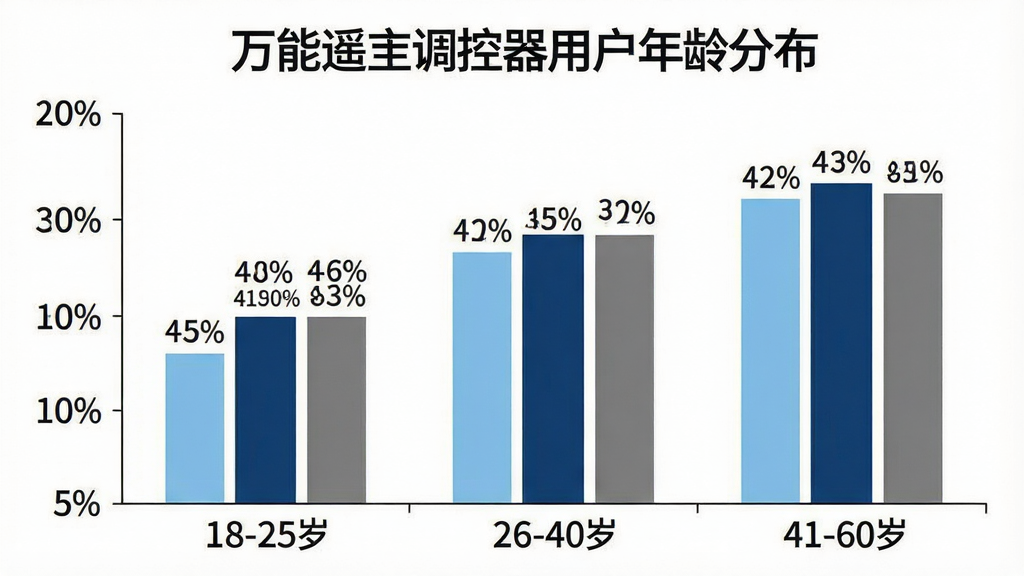 一张展示万能遥空调控器用户年龄分布的柱状图,横轴为年龄段「18-25岁」「26-40岁」「41-60岁」,纵轴为人数占比百分比,柱子颜色分别为浅蓝、深蓝、灰色,每个柱子上方标注具体百分比数字,图表标题为「万能遥空调控器用户年龄分布」,背景为白色,风格简洁商务,画质清晰,文字为中文,无多余装饰元素
