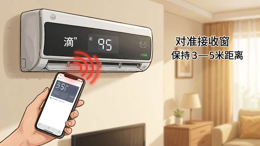 一张展示万能遥空调控器匹配空调过程的示意图,画面中一只手拿着手机对准墙上的壁挂式空调,手机顶部有红外信号波纹发出,空调面板上显示「滴」的提示和温度数字,画面旁边有「对准接收窗」「保持3-5米距离」的中文标注文字,背景是温馨的家居环境,风格写实但带有轻微插画感,画质清晰,光影自然,无多余元素