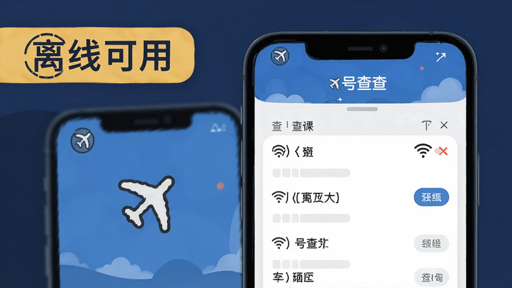 号查查离线查询功能展示,主体为手机屏幕,布局为飞行模式图标和查询结果页面并存,排版突出“离线可用”标签,风格为简约插画风,细节有WiFi关闭图标,画质干净,屏幕中显示“号查查”字样