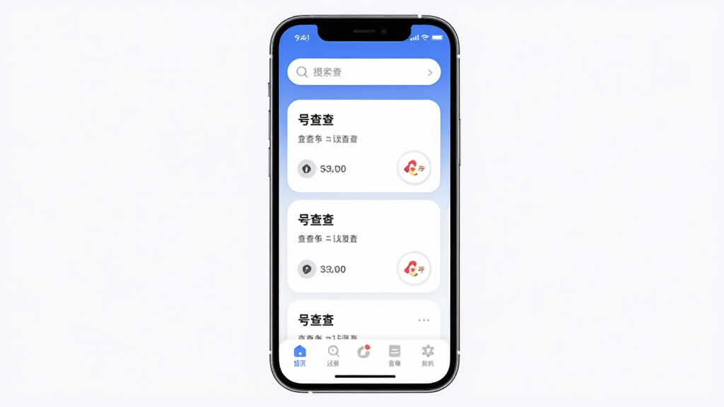 号查查软件主界面,主体为手机屏幕展示,布局简洁,顶部搜索框,中部显示查询结果卡片,底部功能导航栏,排版清晰,风格现代扁平,细节圆润,画质干净,无多余元素,屏幕中显示“号查查”字样