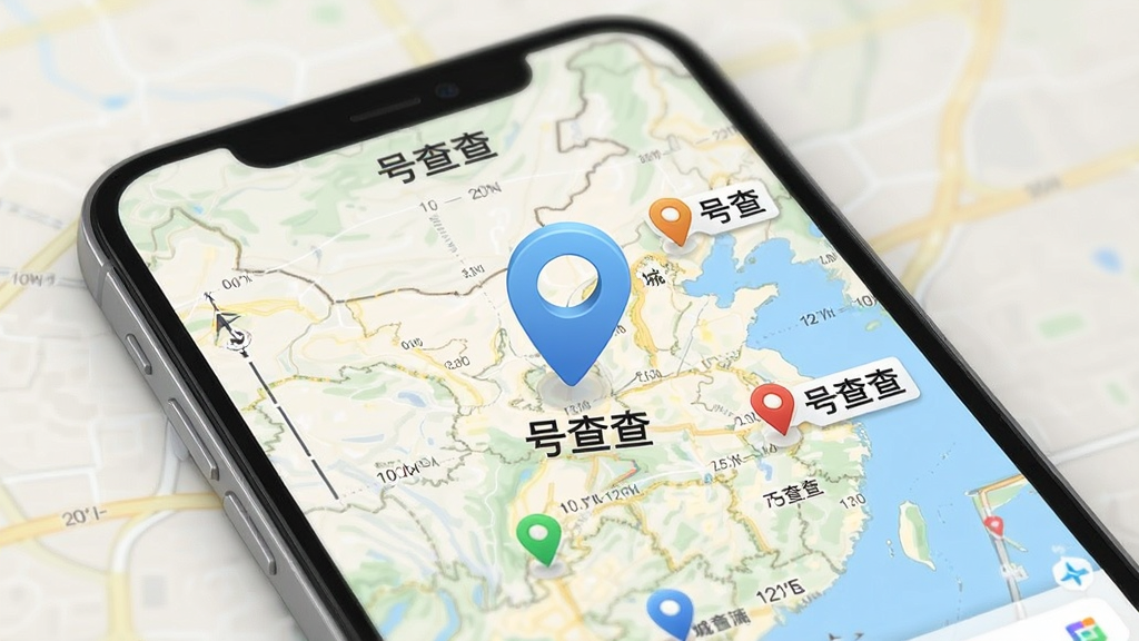 号查查号码归属地定位功能展示,主体为手机屏幕,布局为地图背景叠加定位图标和城市名称标签,排版突出地理信息,风格为轻拟物设计,细节有经纬度线条,画质干净,屏幕中显示“号查查”字样