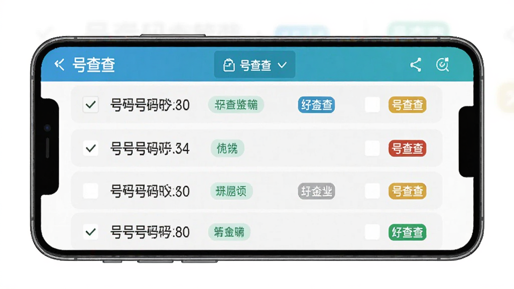 号查查批量查询管理功能界面,主体为手机屏幕,布局为列表展示多个号码及对应标签,排版整齐,风格为清单式设计,细节有勾选框和分类标签,画质干净,屏幕中显示“号查查”字样