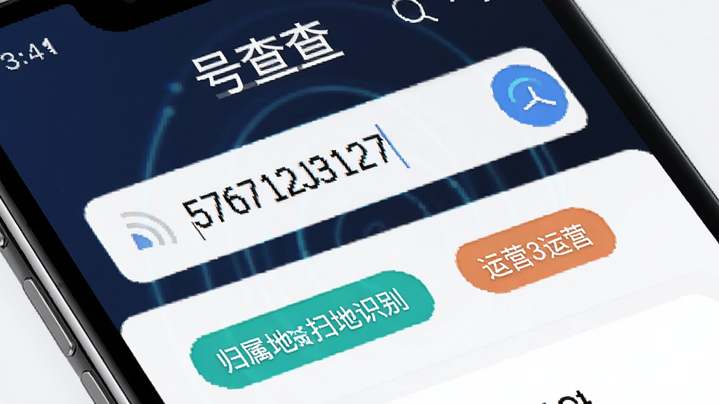 号查查智能号码识别功能展示,主体为手机屏幕特写,布局为搜索框输入号码后跳转结果页,排版突出归属地和运营商标签,风格为科技感UI,细节包含信号波纹图标,画质干净,屏幕中显示“号查查”字样