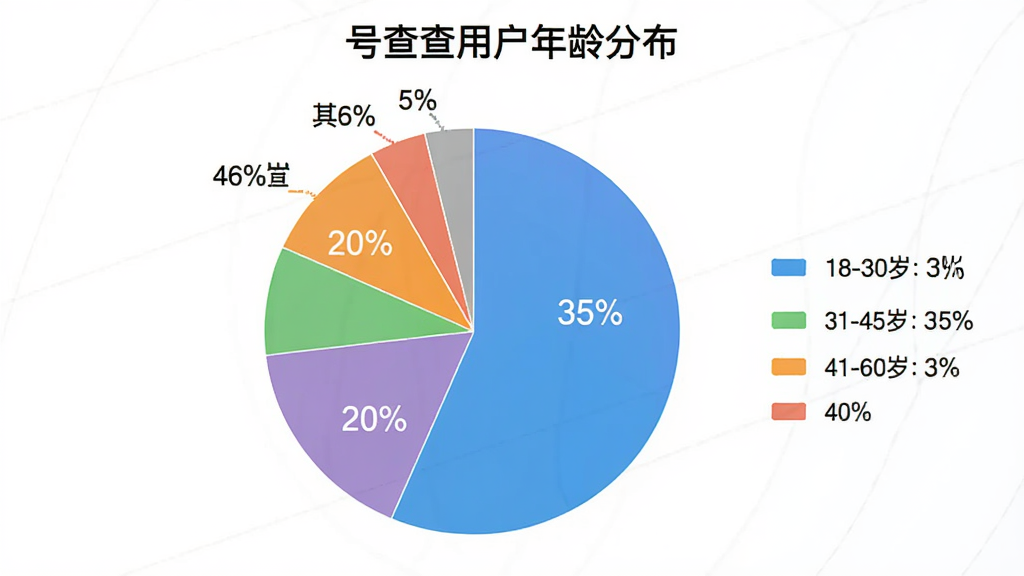号查查用户年龄分布饼状图,主体为饼状图,布局为圆形分割图例,排版清晰,风格为数据可视化,细节有百分比标签,18-30岁占比35%,31-45岁占比40%,46-60岁占比20%,其他占比5%,画质干净,图中标注“号查查用户年龄分布”