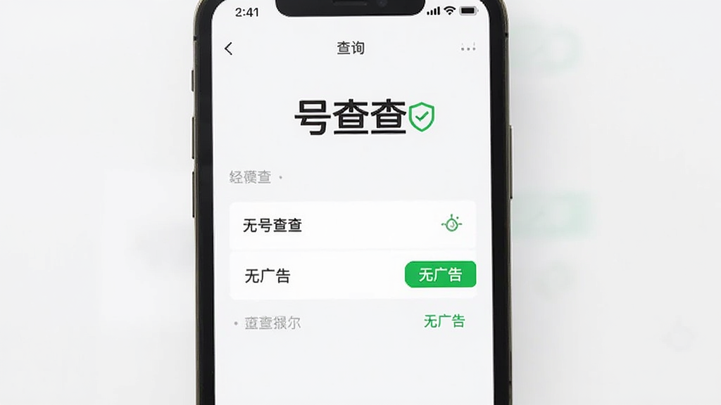 号查查轻量无广告体验展示,主体为手机屏幕,布局为清爽的查询界面,排版留白充足,风格为极简主义,细节有绿色的无广告标识,画质干净,屏幕中显示“号查查”字样
