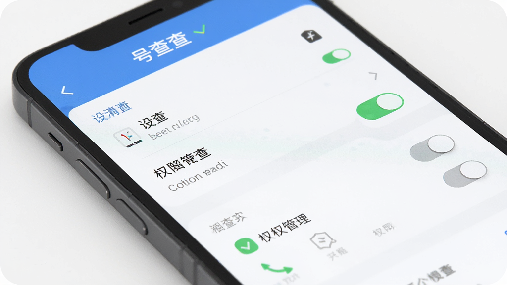号查查操作界面细节展示,主体为手机屏幕,布局为设置菜单和权限管理页面,排版清晰,风格为扁平化设计,细节有开关按钮和权限图标,画质干净,屏幕中显示“号查查”字样