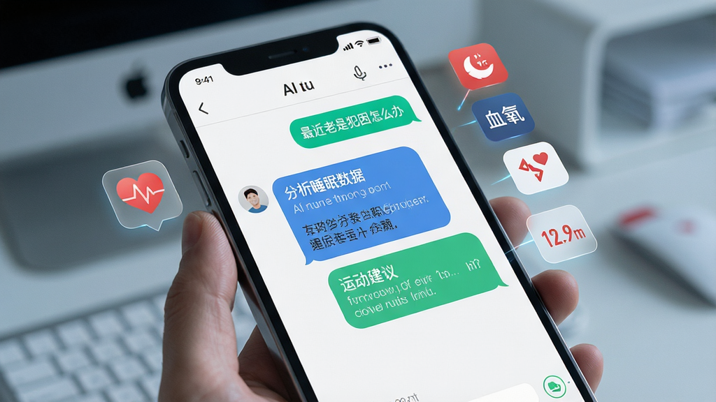 һ��չʾ��Զ�AI����App��AI���ֽ���������ͼƬ���������ֻ���Ļ��ʾ��������棬�û����롰������Ƿ�����ô�족��AI�ظ��˰�������˯�����ݺ��˶��������ϸ���ݣ���Ļ�Ա�Ư�������ʡ�˯�ߡ�Ѫ��������Сͼ�꣬������Ƽ���ʮ�㵫����ɾ����������������ʸ��壬�޶���Ԫ��