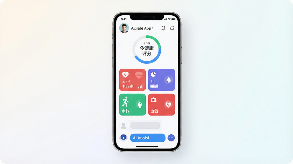 һ��չʾ��Զ�AI����App���Ľ����ͼƬ�������������ֻ���Ļ����Ļ����ʾ�Ŷ�Զ�AI��������ҳ�������������������û�ͷ��ͽ��ս������ֻ���ͼ���м����������ʡ�˯�ߡ�������Ѫ���Ȳ�ɫ���ܿ�Ƭ���ײ���AI����������ڣ������Ǹɾ���ǳɫ���䣬����ִ���Լ�����ʸ��壬�ɾ��޶���Ԫ��