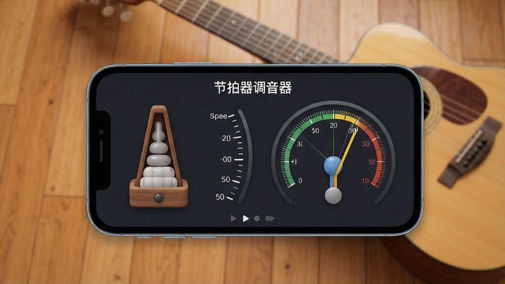 一张展示手机音乐工具应用界面的图片,画面中央是一部智能手机,屏幕上显示着“节拍器调音器”的应用主界面,界面左侧是摆锤式节拍器图标和速度刻度盘,右侧是调音器指针表盘,背景是温暖的木质地板和一把原声吉他,布局清晰,风格现代简约,细节圆润,画质干净,无多余元素