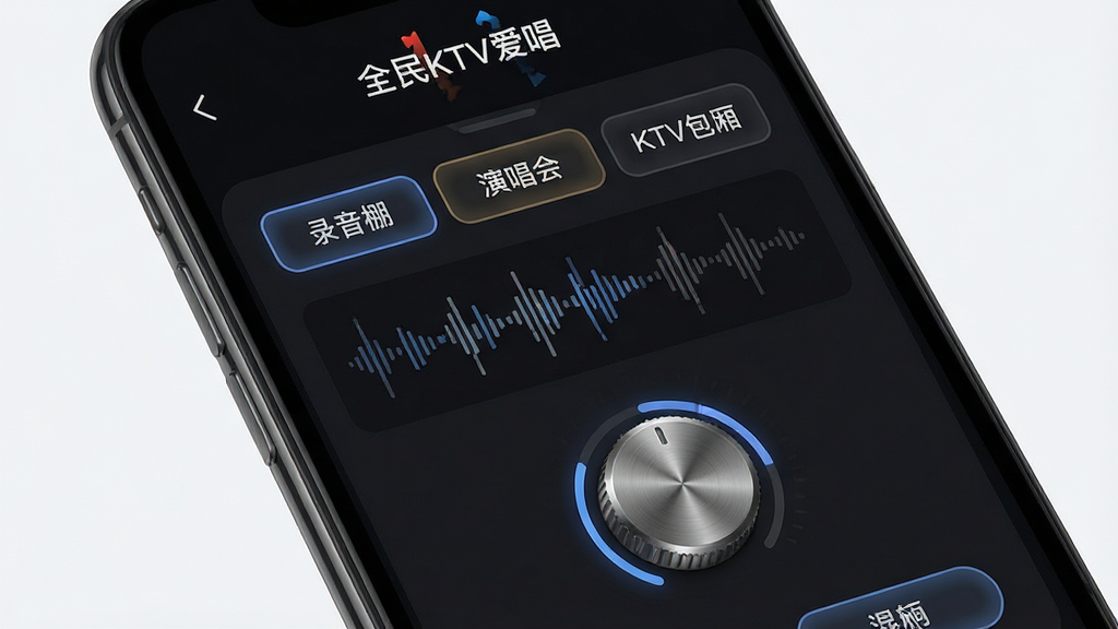 һ��չʾȫ��KTV�����������������ͼƬ������Ϊ�ֻ���Ļ��д����Ļ����ʾȫ��KTV�����Ļ��������壬�С�¼������ݳ��ᡱ��KTV���ᡱ��ѡ�ť�����ֲ������½ṹ�����Ϊ�Ƽ��а�ɫUI��ƣ�ϸ�ڰ����������ӻ�������ť�Ľ����ʸС���ť�ĸ���״̬�����ʸ��壬����ɾ����޶���Ԫ��