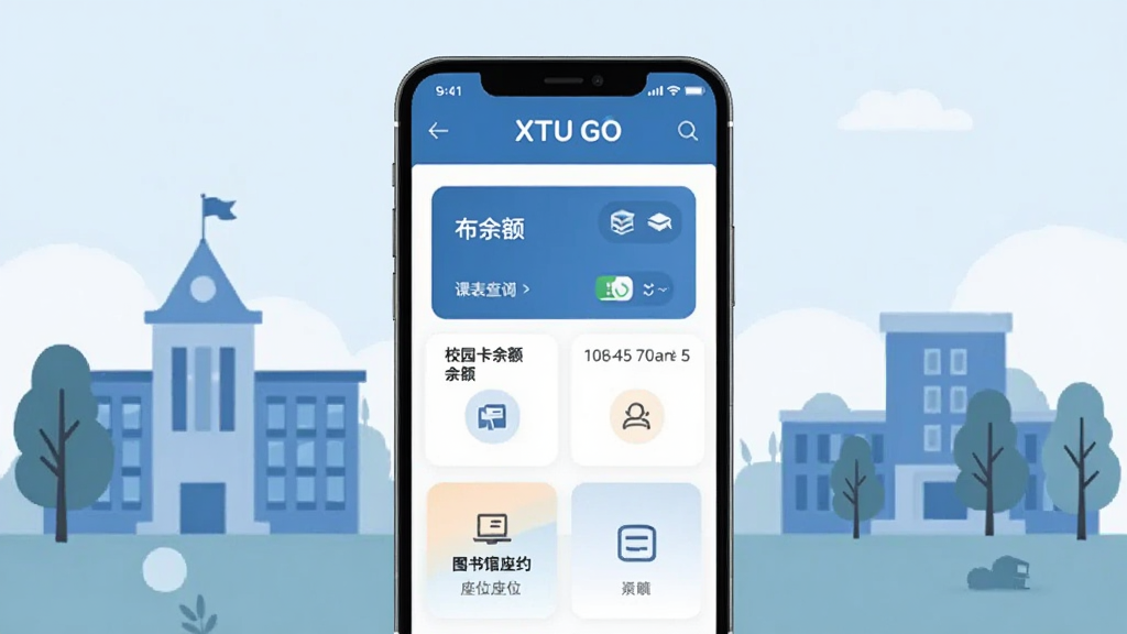 һ��չʾXTU GOУ԰����ƽ̨������ͼ������������һ�������ֻ����ֻ���Ļ����ʾ��XTU GO�������棬�����а���У԰�����α���ѯ��ͼ�����λԤԼ�ȿ�Ƭʽ������ڣ������Ǵ�ѧУ԰�Ĳ廭����н�ѧ¥����ľ�ļ�Ӱ������ɫ������ɫ�Ͱ�ɫΪ����������ִ�����ƽ����ƣ����ʸɾ��������޶���Ԫ��