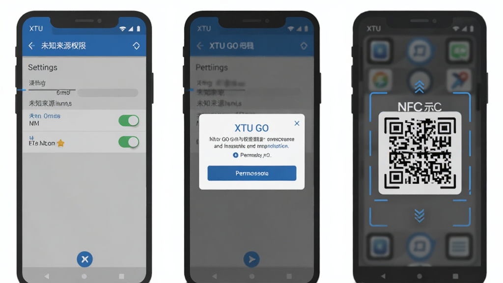 XTU GO��װ��Ȩ�����ò���ʾ��ͼ�������Ϊ�������֣������ʾ�ֻ������е�δ֪��ԴȨ�޿��أ��м���ʾXTU GO��Ȩ�����뵯�����Ҳ���ʾɨ��ʱ�ֻ�NFCλ��ʾ��ͼ��������Ϊ��ƽ���̳�ͼ�⣬��ɫ�ͻ�ɫΪ��ɫ���������������޶���Ԫ��