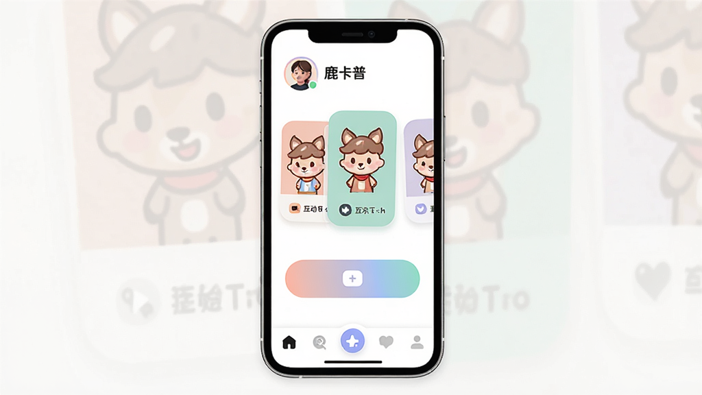 一张展示“鹿卡普”App整体界面的图片,主体是一个手机屏幕,屏幕上显示着鹿卡普的主页面,布局包括顶部用户头像和昵称、中间是角色卡片和互动按钮、底部是导航栏,排版清晰,风格是轻松活泼的卡通扁平化设计,细节包括圆润的图标和柔和的配色,画质高清,干净,无多余元素