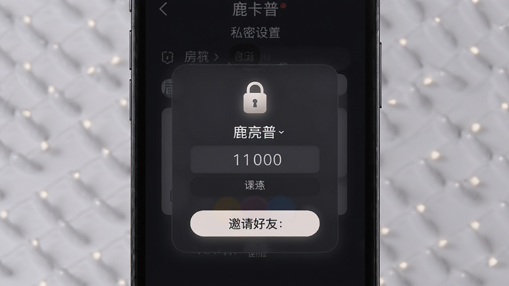 一张展示“鹿卡普”私密房间设置界面的图片,主体是手机屏幕,屏幕上显示着房间密码输入框和邀请好友按钮,布局是居中弹窗式设计,风格是暗色调的私密空间风格,细节包括锁形图标和柔光效果,画质高清,干净,无多余元素