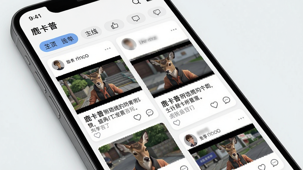 一张展示“鹿卡普”动态广场界面的图片,主体是手机屏幕,屏幕上显示着用户发布的图文动态卡片,包括角色截图和配文,布局是瀑布流式双列排版,顶部有分类标签,风格是清新简约的社交应用风格,细节包括点赞和评论图标,画质高清,干净,无多余元素