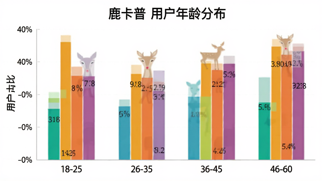 一张展示“鹿卡普”用户年龄分布的柱状图,主体是图表,图表横轴是年龄段18-25、26-35、36-45、46-60,纵轴是用户占比百分比,布局是简洁的柱状图,风格是扁平化数据可视化,细节包括不同颜色的柱子代表不同年龄段,画质高清,干净,无多余元素