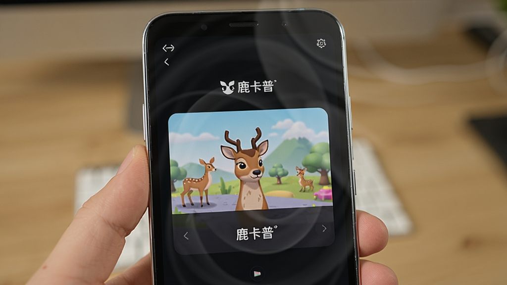 一张展示“鹿卡普”在安卓手机上的运行状态图片,主体是手机屏幕和一只手拿着手机,屏幕上显示着鹿卡普的场景互动界面,布局是手机占据画面中心,背景是模糊的桌面环境,风格是生活化的产品展示图,细节包括手机边缘的反光和屏幕上的柔和光效,画质高清,干净,无多余元素