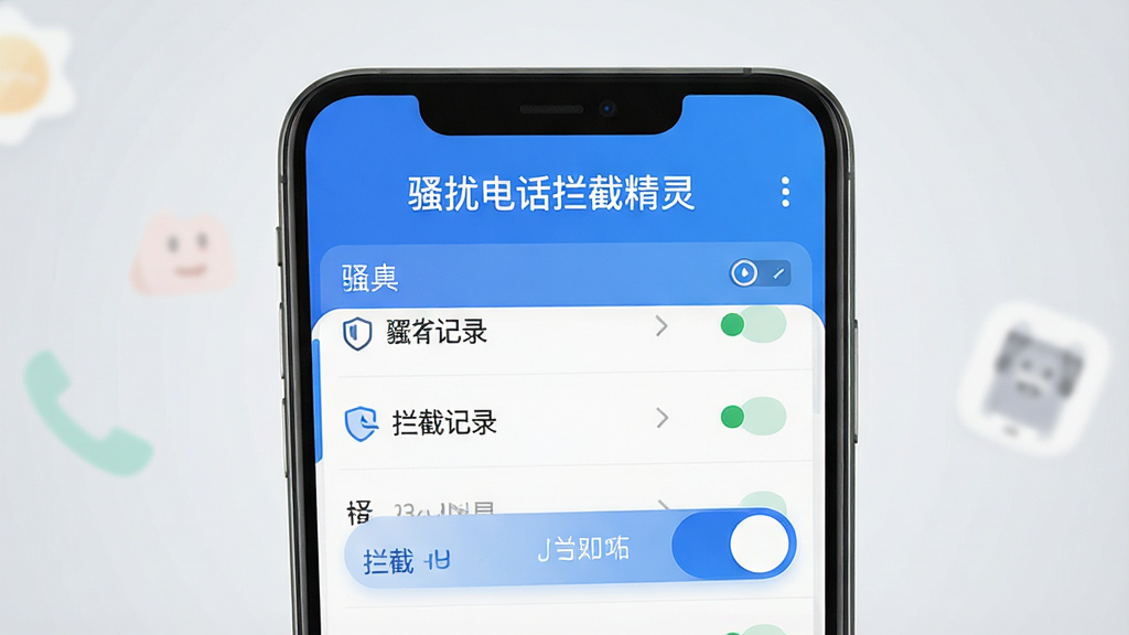 һ���ֻ���Ļչʾ���棬����������ʾӦ�����ơ�ɧ�ŵ绰���ؾ��顱���·������ؼ�¼�б������ؿ��ذ�ť���������������ɫ������ɾ���࣬����ִ���ƽ������Ϊǳ��ɫ���䣬�����������޶���Ԫ��