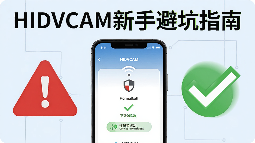 һ��չʾHIDVCAM���ֱܿ�ָ�ϵ�ͼƬ��������һ���ֻ���Ļ��ʾHIDVCAM���ӽ��棬�Ա���һ����Ŀ�ĺ�ɫ����ͼ�����ɫ�Թ�ͼ�꣬����Ϊ���½ṹ���Ű����������Ϊ��Ϣͼ�����ϸ�ڰ���WiFi�ź�ͼ�ꡢ����ǽ����ͼ�ꡢ���ӳɹ���ʶ�����ʸɾ��޶���Ԫ��