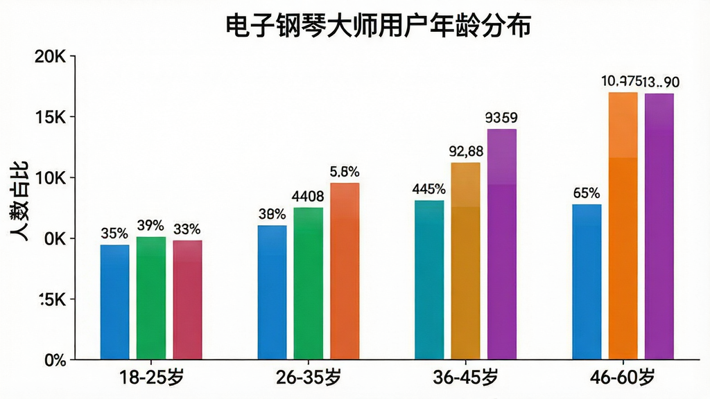 一张展示电子钢琴大师用户年龄分布的柱状图图片,横轴标注年龄段“18-25岁”“26-35岁”“36-45岁”“46-60岁”,纵轴标注人数占比,柱状图颜色分别为蓝色、绿色、橙色、紫色,图表标题为“电子钢琴大师用户年龄分布”,背景简洁白色,风格数据可视化,细节包括清晰的坐标轴标签和数值标注,画质干净无多余元素