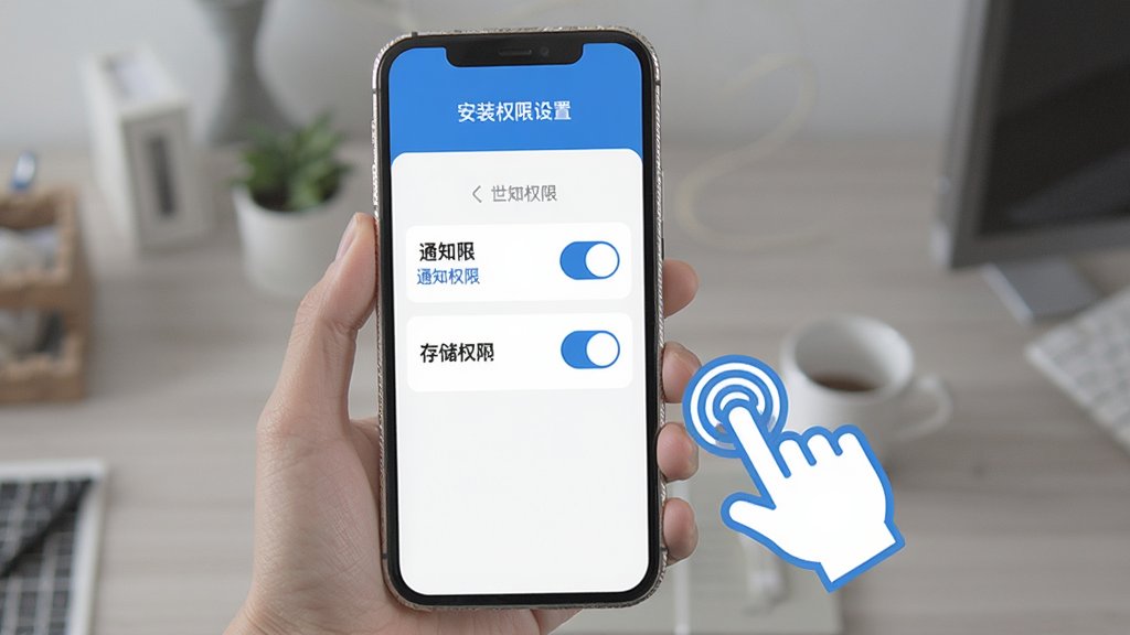 世迈健康新手使用指南示意图,手机屏幕显示安装权限设置页面,包括通知权限、存储权限的开关按钮,旁边有手指点击的图标示意,界面风格简洁明了,以蓝色和白色为主色调,配有简单的文字说明标签,画质清晰,无多余装饰元素