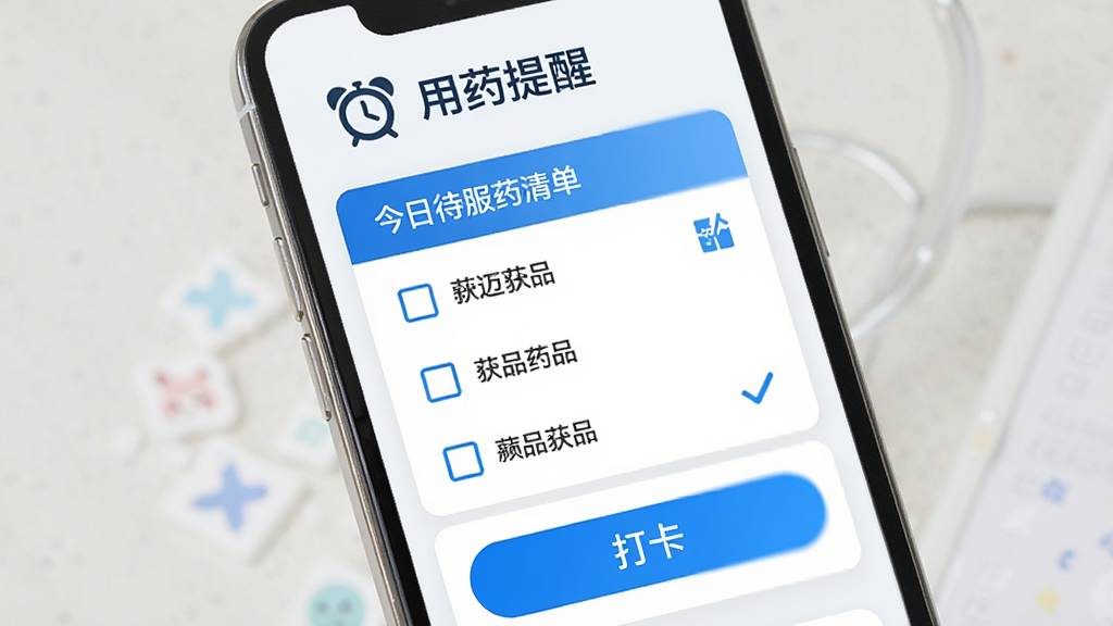 世迈健康用药提醒功能展示,手机屏幕顶部显示闹钟图标和“用药提醒”文字,中间是今日待服药清单,每项药品前有复选框,底部有打卡按钮,界面采用蓝色强调色,卡片式布局,风格简洁实用,画质清晰,无多余杂乱元素