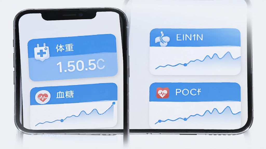世迈健康App数据记录页面展示,手机屏幕中显示体重、血压、血糖、心率四项健康指标卡片,每张卡片配有简单的趋势折线图,整体采用蓝色主色调,背景为浅灰色,图标为扁平化设计,界面干净整洁,画质高清,无多余装饰元素