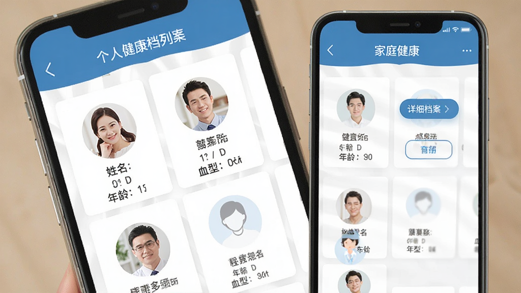 世迈健康个人健康档案管理界面,手机屏幕显示家庭成员列表,每个成员配有圆形头像,下方展示姓名、年龄、血型等基本信息,点击可进入详细档案页面,界面风格温馨简洁,以蓝色和白色为主,布局清晰,文字标签明确,画质干净无多余元素