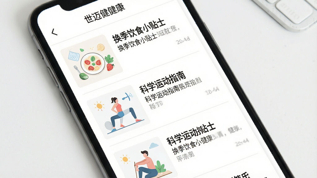 世迈健康健康知识科普页面,手机屏幕显示文章列表,每篇文章配有简约的插图缩略图,标题如“换季饮食小贴士”“科学运动指南”等,界面排版清爽,文字大小适中,背景为纯白色,风格干净易读,画质高清,无多余装饰