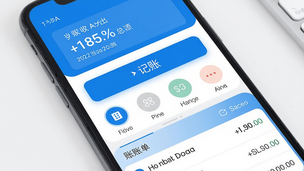 手机屏幕正面展示记账软件主界面,顶部显示当月收入支出总额,中间是醒目的记账按钮和分类图标,底部为账单列表,界面以蓝白配色为主,风格简洁现代,画质清晰干净无多余元素