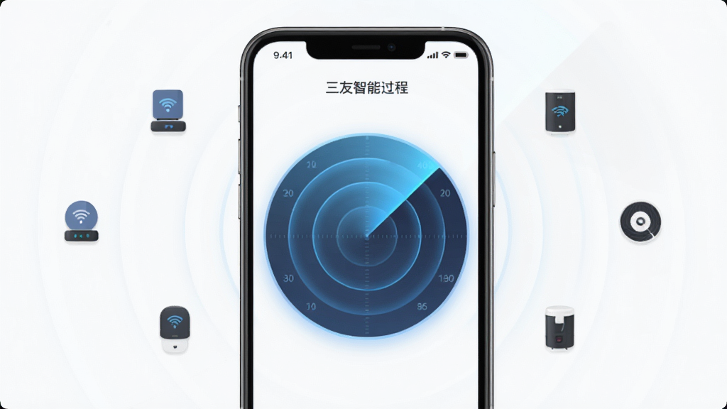 һ��չʾ��������App�����豸���̵�ͼƬ������Ϊ�ֻ���Ļ��ʾ�����������������豸���״�ɨ����棬�����������״ﲨ�ƶ�������Χɢ���Ų�ͬ����������豸ͼ�꣬�Ű���ֱ�ۣ����Ϊ��ƽ���Ƽ��У�ϸ�����״ﲨ�ƴ���΢�������⽥�䣬���������������ɾ�������Ԫ�ء�