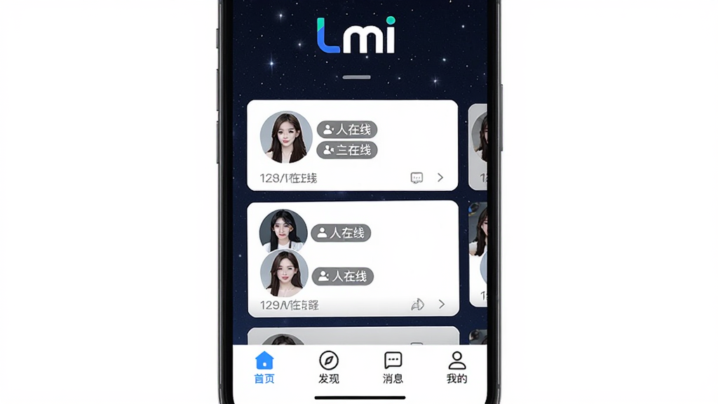 һ���ֻ���ĻչʾLmiֱ��App�������棬��������ɫ�ǿ���Ϊ������������ʾLmi��Logo���м��Ƕ��ֱ���俨Ƭ����Ƭ��������ͷ��������������ײ�����������ҳ�����֡���Ϣ���ҵ��ĸ�ͼ�꣬�������ִ���࣬�������������ʸɾ��޶���Ԫ��