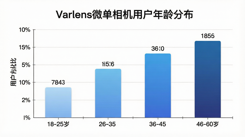 一张展示不同年龄段用户使用Varlens微单相机比例的柱状图,画面中央是柱状图主体,横轴标注年龄段如18-25岁、26-35岁、36-45岁、46-60岁,纵轴标注用户占比百分比,柱体颜色采用渐变蓝色系,图表上方有标题“Varlens微单相机用户年龄分布”,布局简洁清晰,风格偏向数据可视化与商务报告,细节包括数据标签、网格线、坐标轴刻度,画质高清,画面干净,无多余元素