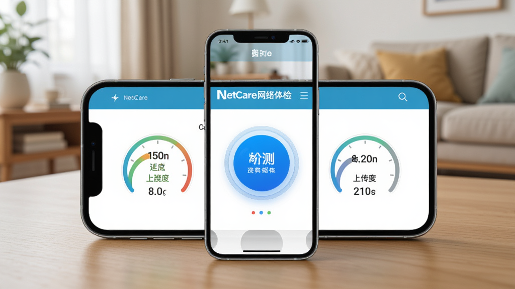 一部手机放在木质桌面上,屏幕显示NetCare网络体检页面,中央是醒目的蓝色圆形检测按钮,周围环绕着延迟、下载速度、上传速度三个数据仪表盘,背景是温馨的家居环境,整体色调明亮干净,画质细腻