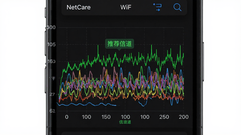 手机屏幕显示NetCare的WiFi信道分析图表,横轴是信道编号,纵轴是信号强度,多个彩色波形重叠在一起,其中一条绿色波形被标注为“推荐信道”,背景是深色模式界面,图表线条清晰,风格简洁专业