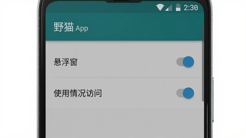 一张手机屏幕显示“野猫”app的权限管理页面,页面上有“悬浮窗”和“使用情况访问”两个权限选项,旁边有开关按钮,背景是安卓原生设置界面风格,布局清晰,文字标签明确,风格简洁,画质干净无多余元素