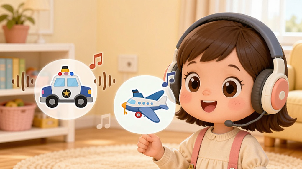 宝宝交通工具书 语音互动场景,画面中一个卡通小女孩戴着耳机,面前漂浮着警车、飞机和轮船的图标,图标旁边有音符和声波符号,背景是温馨的室内环境,风格可爱,布局简洁,画质干净,无多余元素