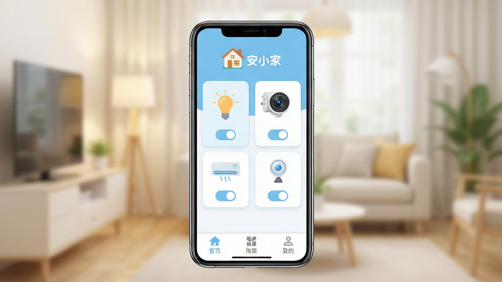 安小家智能家居控制软件主界面全貌展示,画面中央是一部手机,手机屏幕上显示着安小家的APP界面,界面以浅蓝色和白色为主色调,顶部有温馨的家庭图标和安小家文字标识,中间区域是各种智能设备的图标卡片,包括灯泡、插座、摄像头、空调等,每个卡片下方有开关按钮,底部导航栏有首页、场景、我的三个选项,整体布局简洁清晰,风格现代扁平化,细节圆润,画质干净明亮,无多余元素,背景是柔和的居家环境虚化效果