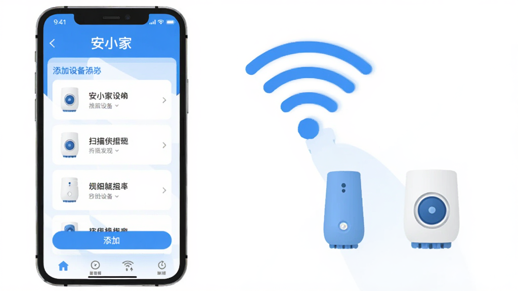 安小家APP设备添加操作流程示意图,画面展示一部手机屏幕上显示安小家的添加设备界面,有扫描发现的设备列表和添加按钮,旁边有WiFi信号图标和智能设备图标,画面风格简洁明快,以蓝色和白色为主色调,布局清晰,文字标签明确,风格现代扁平,画质干净无多余元素