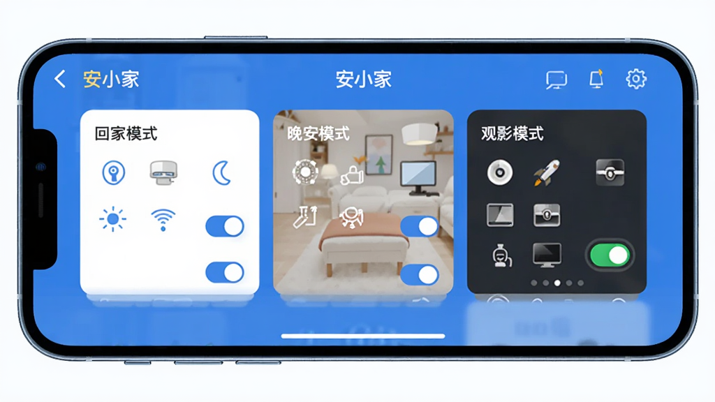 安小家APP场景模式功能展示图,画面中一部手机横屏放置,屏幕上显示安小家的场景模式编辑界面,可以看到回家模式、晚安模式、观影模式等场景卡片,每个卡片上有对应的设备图标和开关状态,界面以蓝色和白色为主色调,布局清晰,文字标签明确,风格现代扁平,画质干净无多余元素