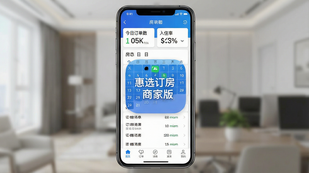 一张展示手机订房管理软件界面的图片,画面中央是“惠选订房商家版”的应用图标和主界面,界面布局清晰,顶部显示今日订单数和入住率,中间是房态日历和订单列表,底部有导航栏,风格现代简洁,蓝白配色为主,画质干净无多余元素,文字清晰可读。