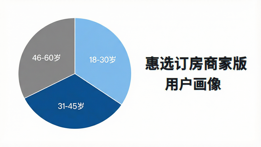 一张展示用户年龄分布饼状图的图片,饼图分为三个扇形区域,分别标注“18-30岁”、“31-45岁”、“46-60岁”,颜色分别为浅蓝、深蓝、灰色,饼图旁边有“惠选订房商家版”的用户画像文字说明,背景干净白色,风格商务简洁,画质清晰,无多余元素。