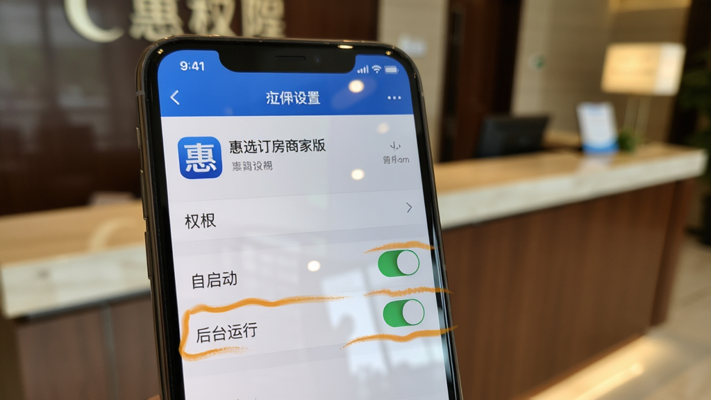 一张展示手机应用权限设置界面的图片,画面中“惠选订房商家版”的应用信息页面清晰可见,权限列表中“自启动”和“后台运行”开关被高亮标注,手机屏幕有轻微反光,背景是模糊的酒店前台桌面,风格写实,画质干净。