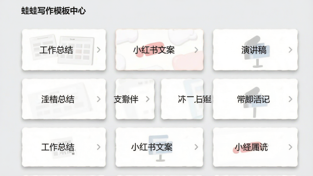 蛙蛙写作模板中心界面,画面展示网格状排列的模板卡片,卡片上标有“工作总结”、“小红书文案”、“演讲稿”等文字标签,背景是浅灰色,卡片带有轻微的阴影效果,风格整洁商务,画质清晰,无多余元素
