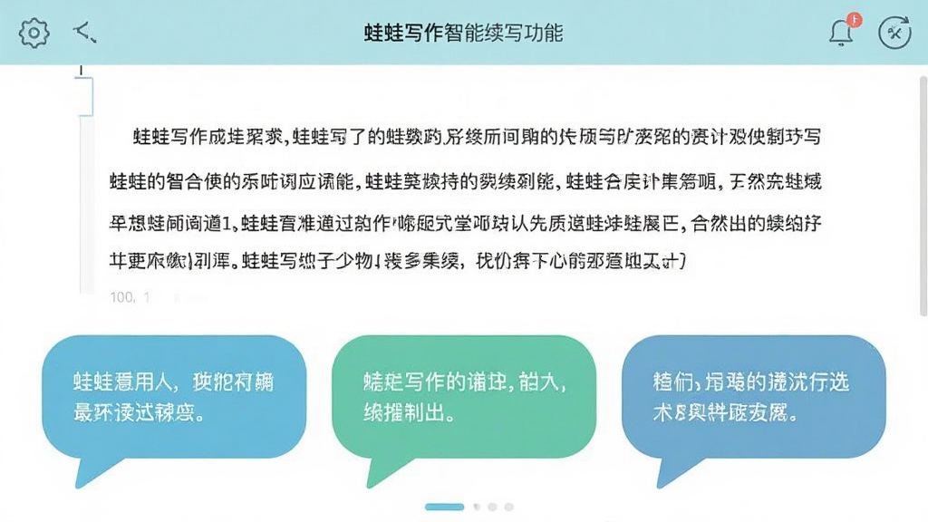 蛙蛙写作智能续写功能界面,屏幕中间是正在编辑的小说段落,下方弹出三个不同方向的续写建议气泡,每个气泡内有简短的文字预览,界面风格扁平化,配色清新,画质干净无多余元素