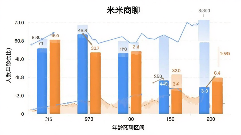 米米商聊用户年龄分布柱状图,主体为数据图表,布局为横轴年龄区间纵轴人数占比,排版清晰,风格商务简约,细节明确,画质干净无多余元素,图表中显示文字“米米商聊”